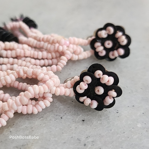 Vintage Pink Beaded Flower Dangle Earrings – 2" Screw Back - Picture 2 of 7